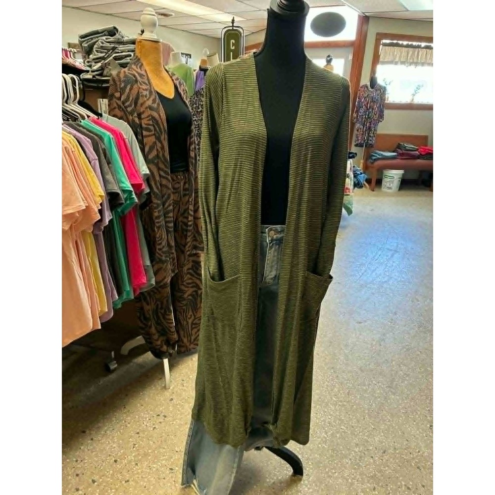 Medium LuLaRoe Duster Cardigan Womens Olive Green Striped Longline Open Front